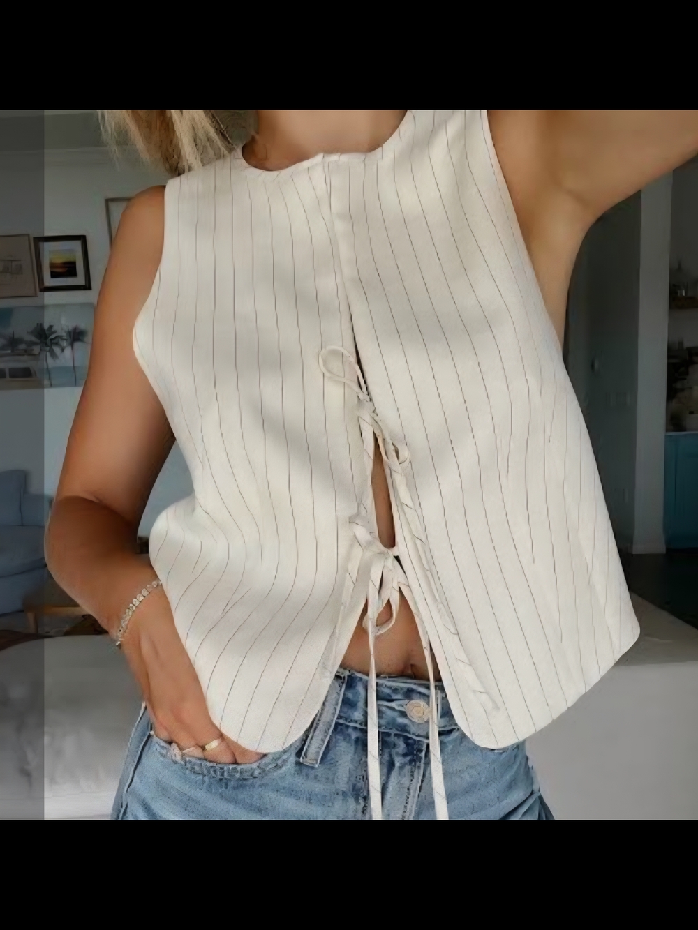 Women's A.N.A. XXL Sleeveless Cream Pinstripe Tie-Front Top